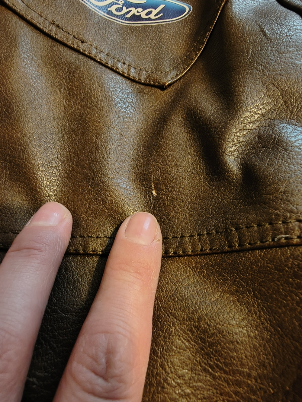 Woman's Brown Hooded Faux Leather Jacket with Ford Patch - Picture 12 of 14